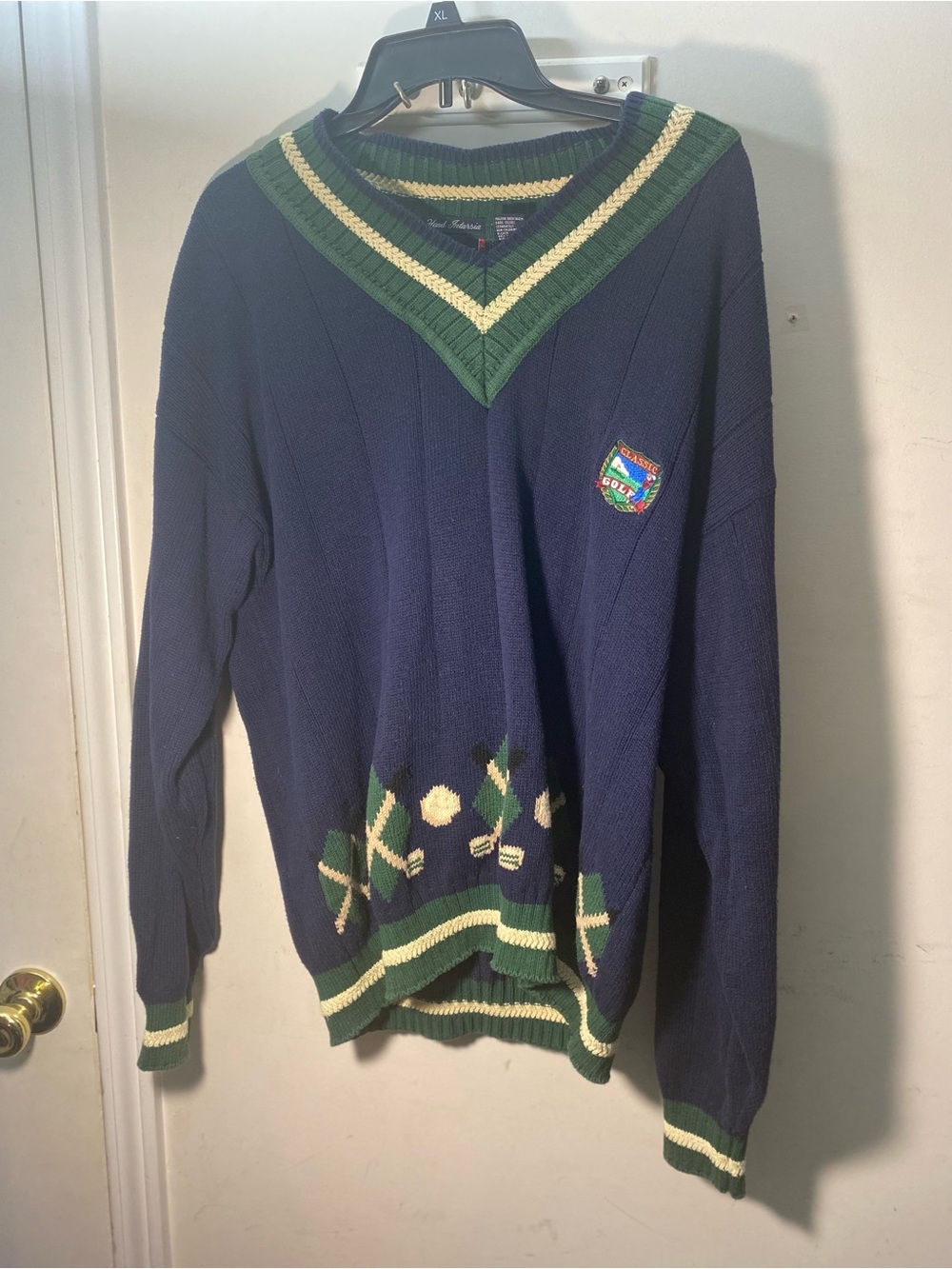 Navy V-Neck Sweater with Green & Cream Trim
